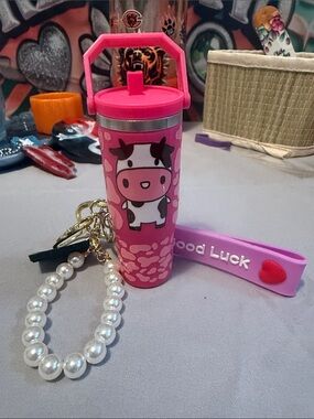Cute Pink Cow with Mini “Stanley” Tumbler Keychain